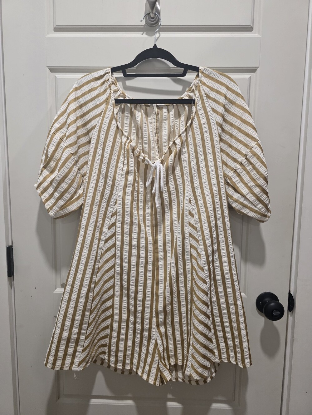 Boutique White and Mustard Striped Peasant Romper - Picture 2 of 6